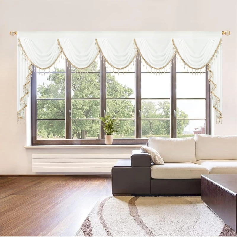 VOGOL Extra Wide Sheer White Waterfall Valance, Elegant Silky Swag Valances with Shining Beaded for Hotel Wedding Party Decor, Decorative Voile Drapes for Lining Room, 1 Pack, W138