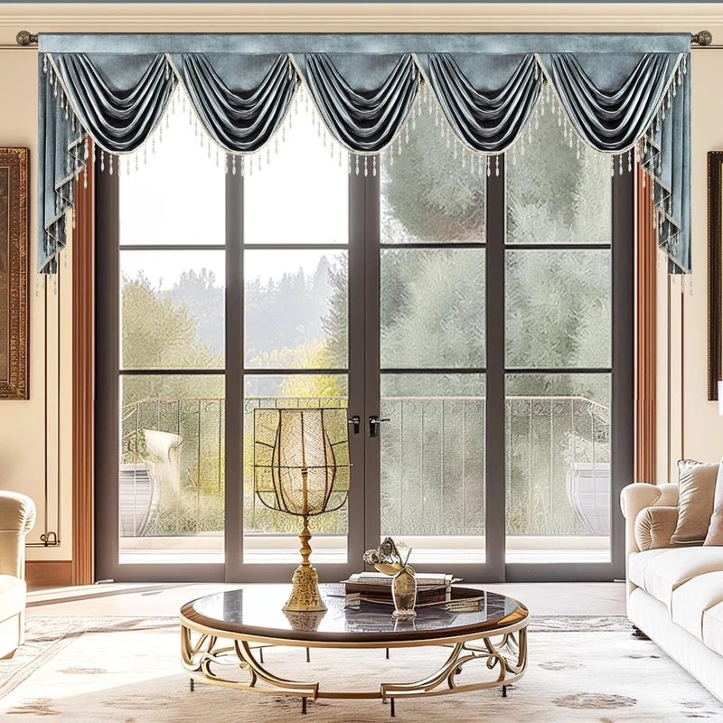 VOGOL Gray Velvet Waterfall Valance, Rod Pocket, 138 x 43, 1 Panel