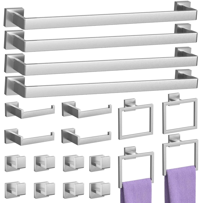20-Piece Brushed Nickel Bathroom Accessories Set – 23.6" Towel Bar, Towel Ring, Toilet Paper Holder & Hooks, Wall Mounted Bathroom Hardware, Rust & Corrosion-Resistant, Ideal for Modern Bathrooms