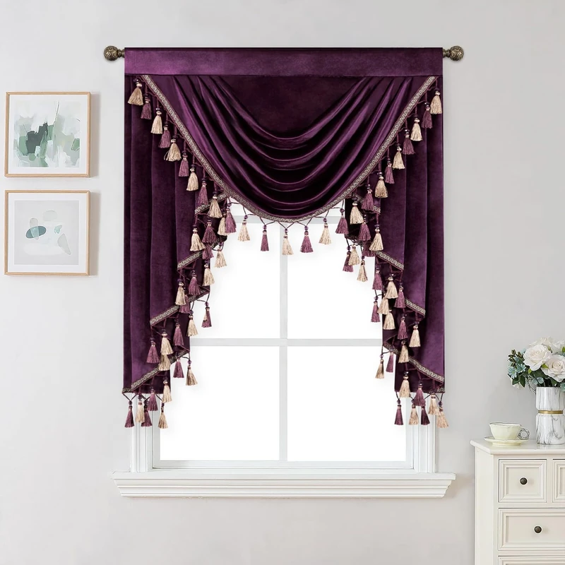 VOGOL Retro Dark Purple Velvet Valances, Vintage Style Light-Filtering Waterfall Valance for Small Windows, Rod Pocket Swag Curtains for Living Room, 39 Inches Wide, 1 Panel