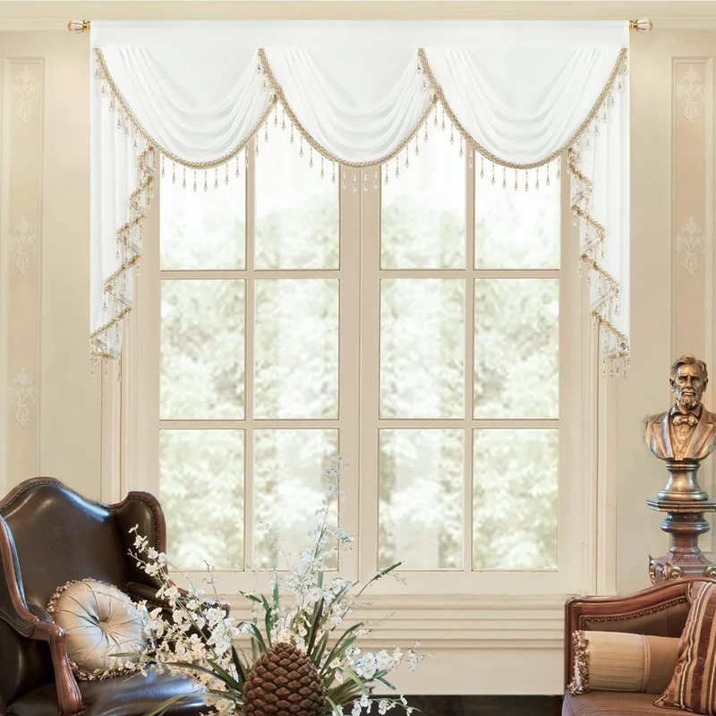 VOGOL White Sheer Vintage Style Swag Valances, Soft Touch Silky Valance Light Filtering Drapes for Living Dining Room, 79 Inches Wide, 1 Panel