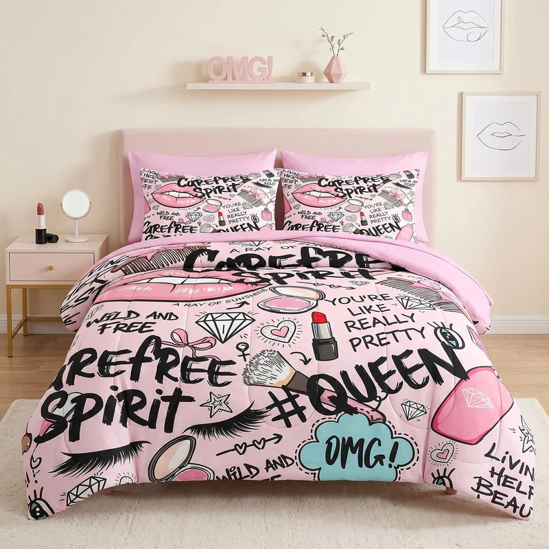 Pamnest Comforter Set Twin Size, Makeup Pink Queen 5 Pcs Bedding for Kids and Adults, Women Diamond Cute Bed Sheet Sets with Fitted Sheet Pillowcase & Sham for Bedroom Bed Decor