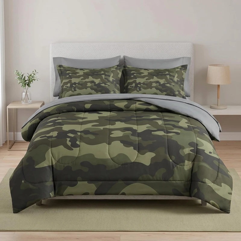 Pamnest Comforter Set Twin Size, Army Camouflage Camo 5 Pcs Bedding for Kids and Adults, Military French Green Bed Sheet Sets with Fitted Sheet Pillowcase & Sham for Bedroom Bed Decor
