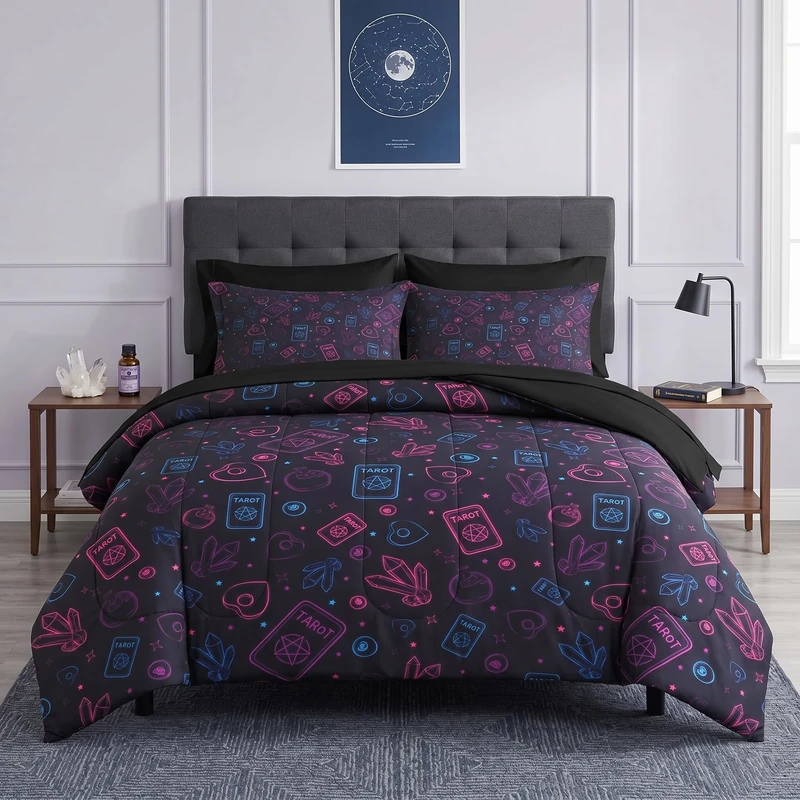 Pamnest Comforter Set Full Size, Witchy Purple Blue 7 Pcs Bedding for Kids and Adults, Tarot Board Magic Bed Sheet Sets with Fitted Sheet 2 Pillowcases & 2 Shams for Bedroom Bed Decor