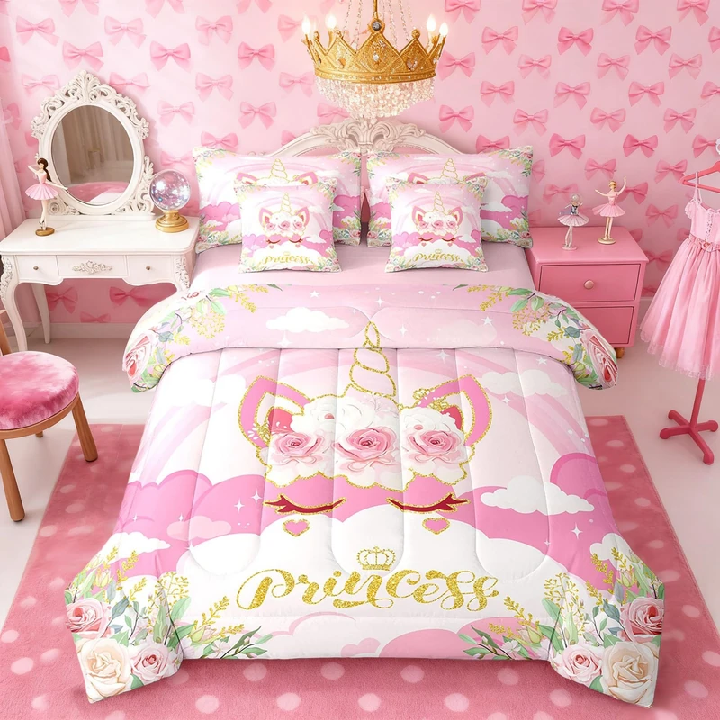 Girls Women Unicorn Comforter Set 7 Pieces,Pink Princess Flowers Bed Set for Kids,Golden Unicorn Animal Bedding Bed in a Bag,Full (1 Comforter,2 Pillowcase,2 Pillow Covers,1 Flat Sheet,1 Fitted Sheet)