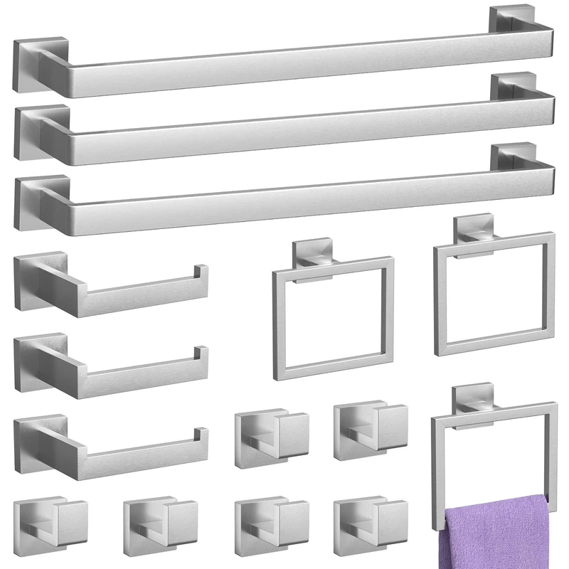 15-Piece Brushed Nickel Bathroom Accessories Set – 23.6" Towel Bar, Towel Ring, Toilet Paper Holder & Hooks, Wall Mounted Bathroom Hardware, Rust & Corrosion-Resistant, Ideal for Modern Bathrooms