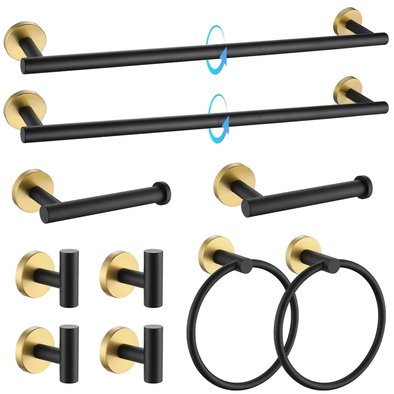 TQKAG Black and Gold Bathroom Hardware Accessories Set 10-Pieces, Premium SUS304 Stainless Steel Bathroom Towel Bar Holder Set 23.6 Inch Round Towel Racks for Bathroom Wall Mounted