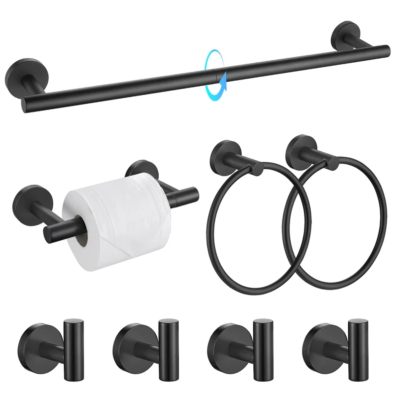 TQKAG 8-Pieces Bathroom Hardware Set Matte Black SUS304 Stainless Steel Bath Towel Bar Set 23.6 Inch Round Bathroom Accessories Kit Wall Mounted