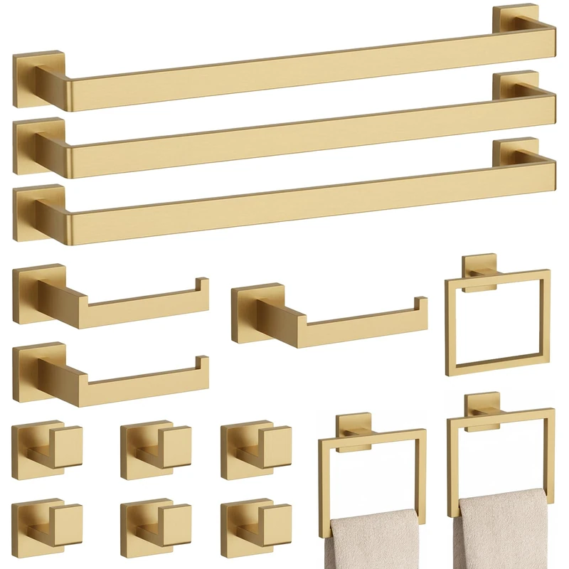 15-Piece Brushed Gold Bathroom Accessories Set – 23.6" Towel Bar, Towel Ring, Toilet Paper Holder & Hooks, Wall Mounted Bathroom Hardware, Rust & Corrosion-Resistant, Ideal for Modern Bathrooms