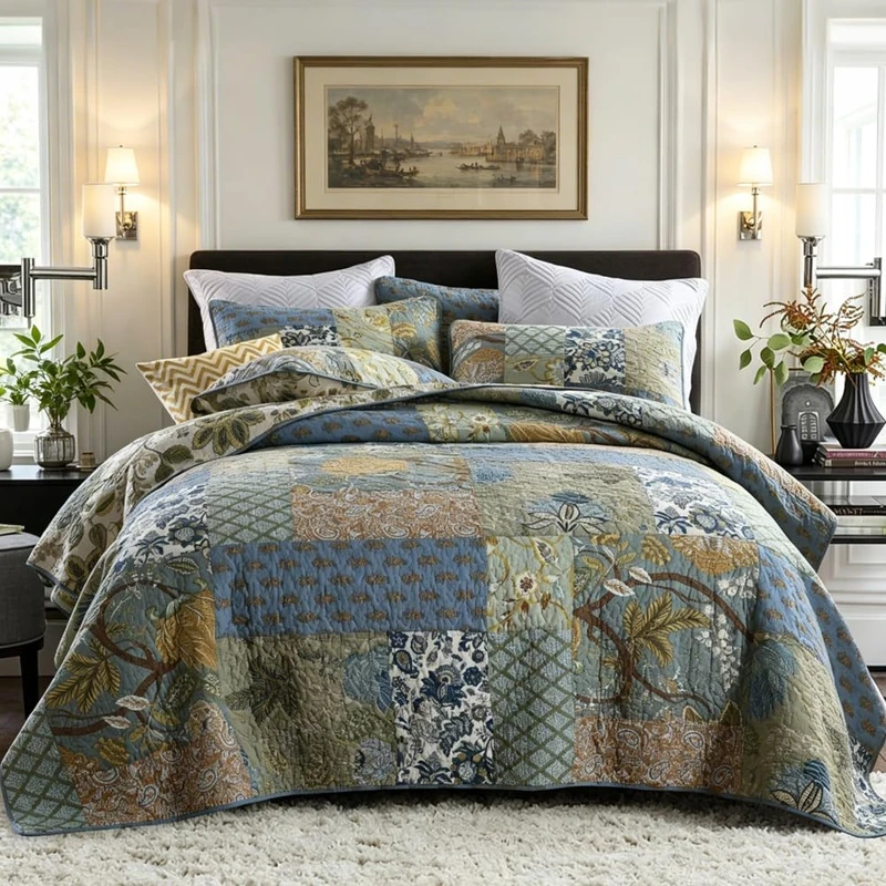 camandy Cotton Bedspread Quilt Bedding Sets 3 Pieces Reversible Coverlet Sets Comforters Rustic Paisley Floral Patchwork Sage Green Bedspread, Queen Size