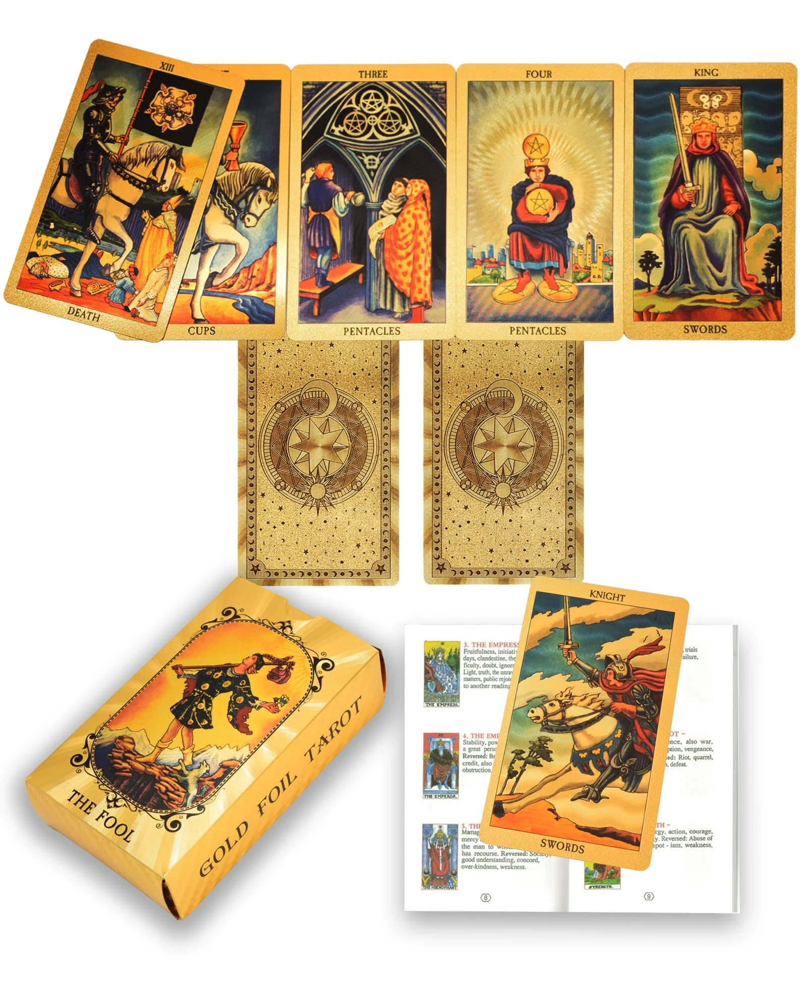 78 Piece Gold Foil Tarot Deck, Cards with 36 Page Guide Book, PVC, Waterproof & Anti-Wrinkle, Tarot Deck,Foil Tarot Cards Deck for Beginners Waterproof and Durable (Stars and Moon)