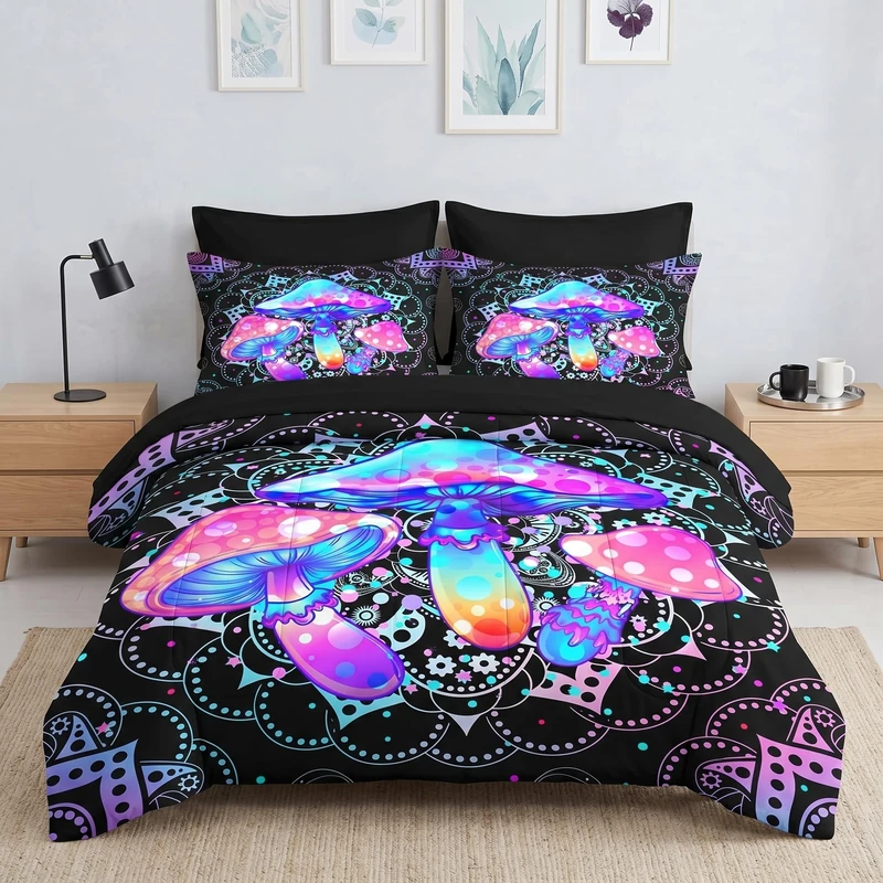 WeCozy 5 Pcs Twin Size Comforter Set with Pillowcase & Sham, Hippie Mushroom Bedding for Kids and Adults, Colorful Dream Mandala Bed in a Bag with Flat Fitted Sheet