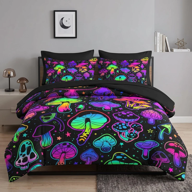 WeCozy 7 Pcs Full Size Comforter Set with 2 Pillowcases & 2 Shams, Colorful Neon Mushroom Bedding Set for Kids and Adults, Summer Purple Plant Bed in a Bag with Flat Sheet and Fitted Sheet