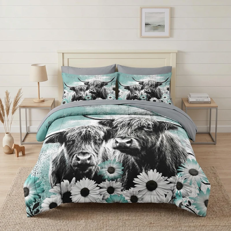 WeCozy 7 Pcs King Size Comforter Set with 2 Pillowcases & 2 Shams, Highland Cow Animal Bedding Set for Kids and Adults, Buffalo Bull Farm Daisy Bed in a Bag with Flat Sheet and Fitted Sheet
