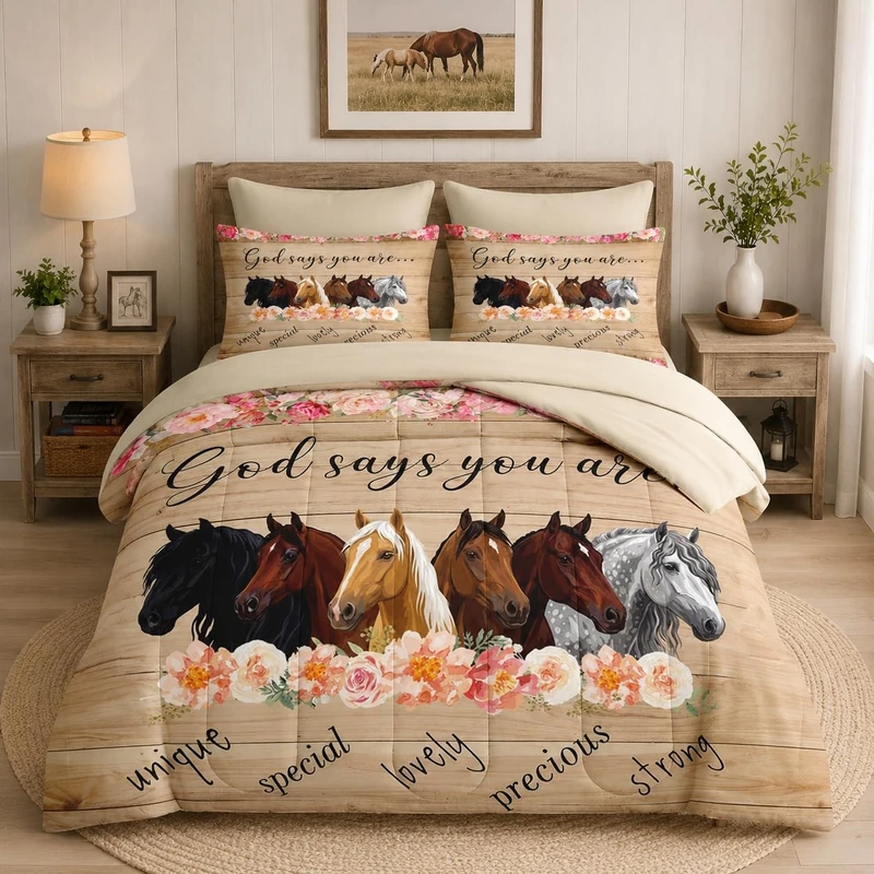 WeCozy 5 Pcs Twin Size Comforter Set with Pillowcase & Sham, Horses Animal Flower Bedding Set for Kids and Adults, Inspirational Thoughts Bed in a Bag with Flat Sheet and Fitted Sheet