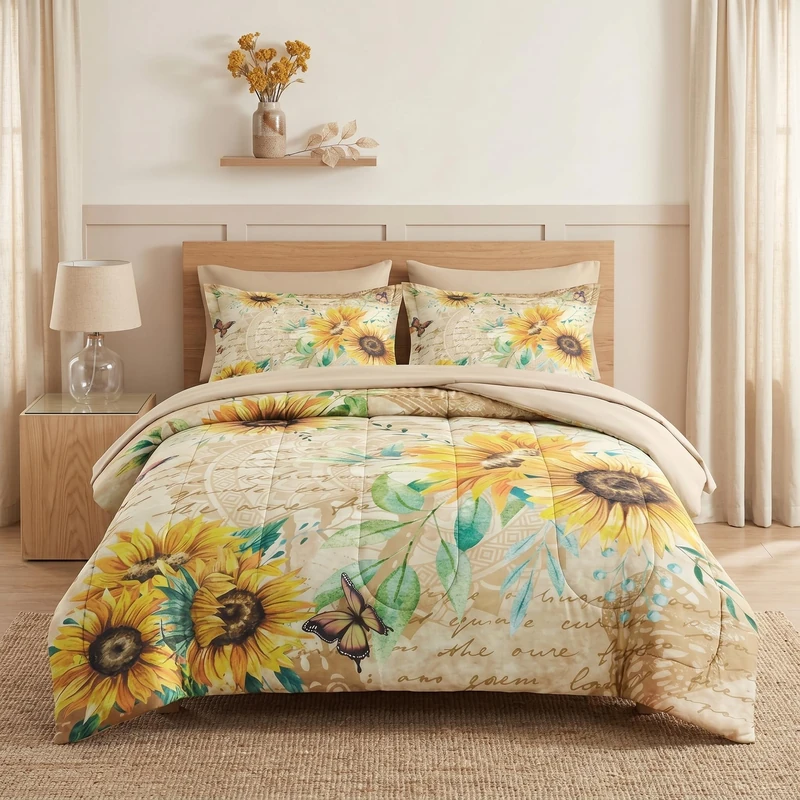 WeCozy 7 Pcs Queen Size Comforter Set with 2 Pillowcases & 2 Shams, Sunflower Floral Yellow Bedding Set for Kids and Adults, Flower Rustic Thanksgiving Bed in a Bag with Flat Sheet and Fitted Sheet