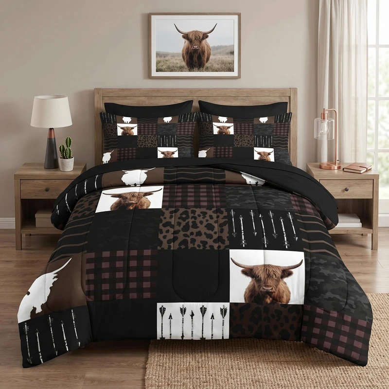 WeCozy 7 Pcs Full Size Comforter Set with 2 Pillowcases & 2 Shams, Highland Cow Animal Bedding for Kids and Adults, Brown Farm Vintage Print Bed in a Bag with Flat Fitted Sheet