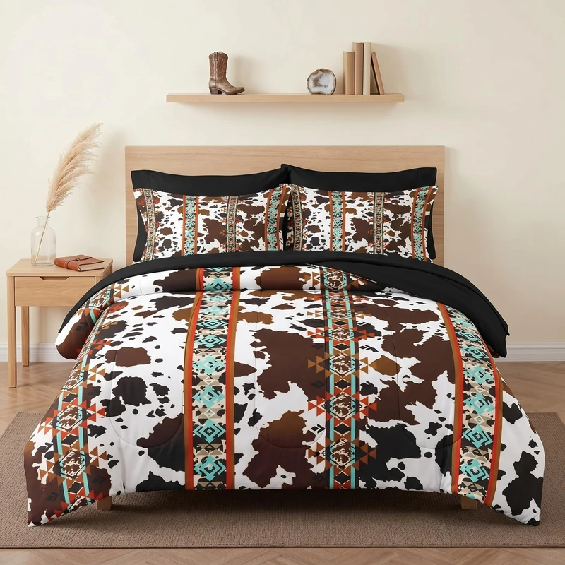 WeCozy 7 Pcs Full Size Comforter Set with 2 Pillowcases & 2 Shams, Cow Brown Cowhide Bedding for Kids and Adults, Vintage Retro Bed in a Bag with Flat Fitted Sheet
