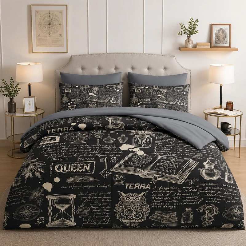 WeCozy 7 Pcs Full Size Comforter Set with 2 Pillowcases & 2 Shams, Chemistry Science Skull Bedding Set for Kids and Adults, Vintage Medieval Bat Bed in a Bag with Flat Sheet and Fitted Sheet