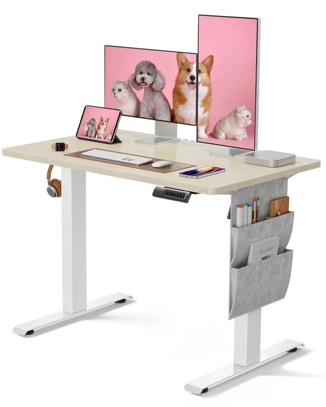 Marsail Standing Desk Adjustable Height, Electric Standing Desk with Starage Bag, Stand up Desk for Home Office Computer Desk with 4 Memory Preset and Headphone Hook, Beige,100 x 60 cm