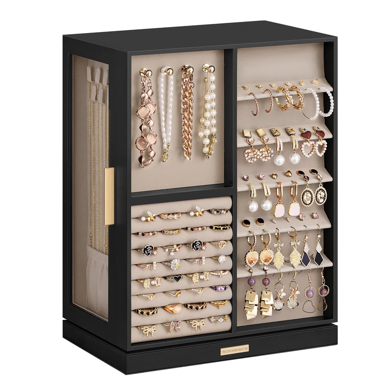 SONGMICS Jewellery Box 360° Rotating, Jewellery Organiser with 7 Drawers, Jewellery Display Case, Glass Window, Spacious, Vertical Jewellery Storage, Open Design, Great Gift, Ink Black JBC201B01
