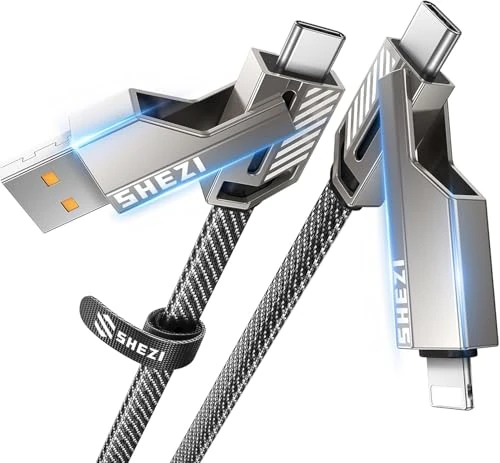 SHEZI [One Cable All Devices] 4 in 1 5FT 27W Lightning to USB C Charger Cable, Multi Fast Charging Android Charger [1G File Done in 20s] Flat Braided Cord Combo Lightning Type C USB A Port