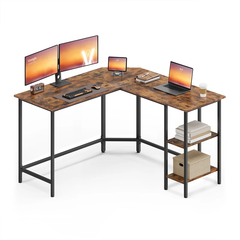 VASAGLE Computer Desk, L-Shaped Corner Desk, 120 x 130 x 76 cm, Gaming Desk, Workstation with 2 Storage Shelves for Home Office, Space-Saving, Easy to Assemble, Rustic Brown and Ink Black LWD123K01