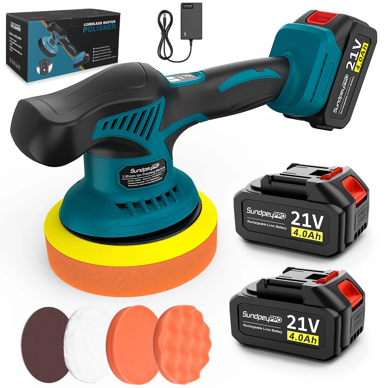 Cordless Car Buffer Polisher 21V - SundpeyPRO 6 Inch Car Buffer with 8 Variable Speed & 2 X 4.0Ah Battery - 6000RPM Portable Dual Action Polisher for Car Detailing Waxing Polishing Scratch Removing