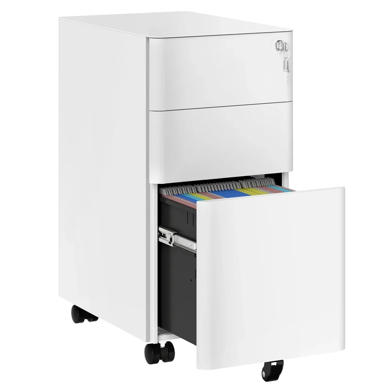 DWVO 3-Drawer lockable Filing Cabinet Office Drawers with Keys, Compact Slim Portable Metal File Cabinet, Pre-Built Office Storage Cabinet for A4/Letter/Legal, 30 x 45 x 61cm, White