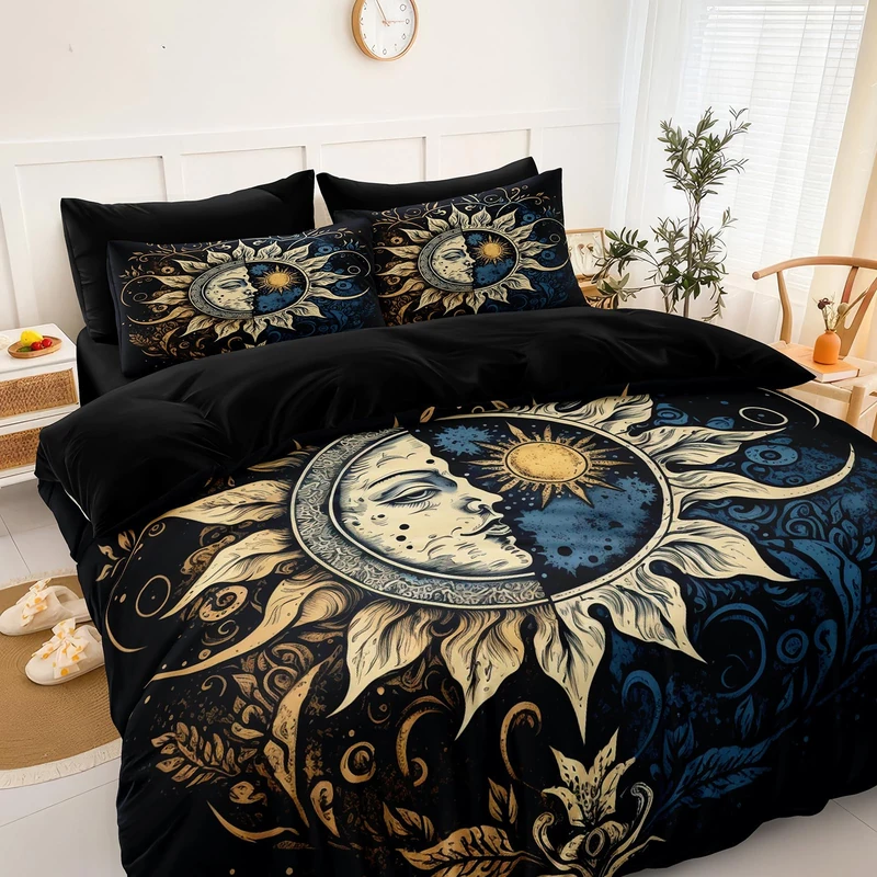 Sun and Moon Comforter Set Black Boho Bedding Set Celestial Galaxy Starry Space Bedding Comforter Mandala Exotic Black Bed in A Bag Full Size
