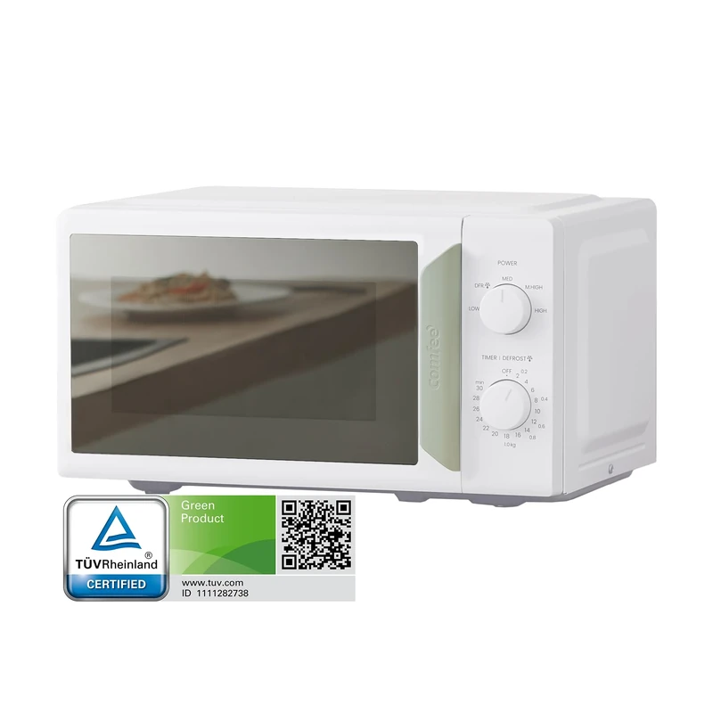 COMFEE' 700W 17L White & Sage Green Mini Microwave Oven, Compact Design, InverTech and Quick Defrost Function, 5 Cooking Power Levels with Kitchen Manual Timer - Mirror Design CMO-MP012ND(GN)-UK