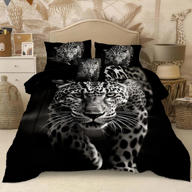 Wild Animal Comforter Set Leopard African Bedding Set Black and White Cheetah Leopard Printed Bedding Safari Animal Tropical King Comforter Set for All Season