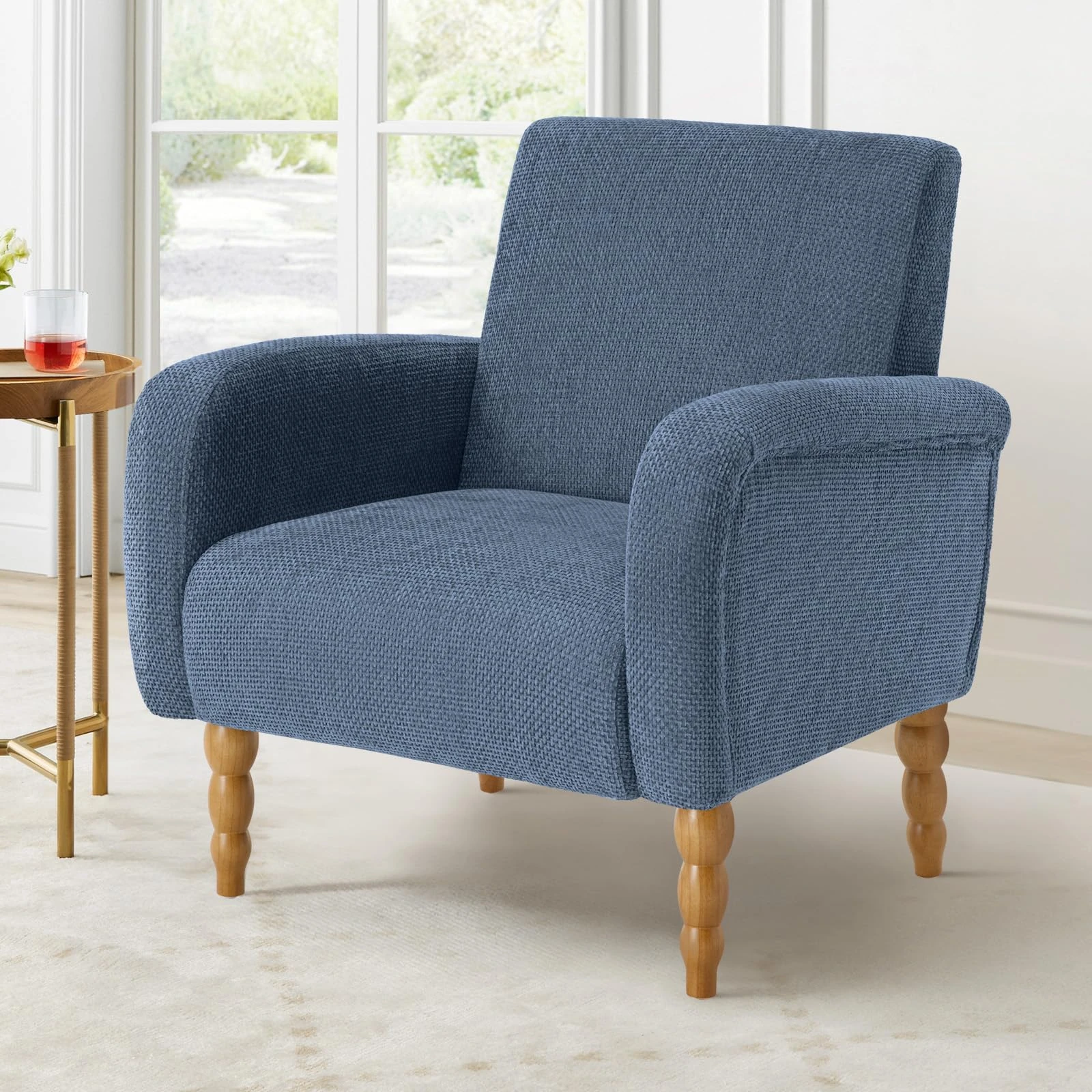 Chenille Fabric Armchair Upholstered Accent Chair with Solid Wood Legs, Modern Living Room Tub Chair, Comfy Single Sofa Chair Reading Club Chair for Bedroom Reception Lounge (Velvet Blue)