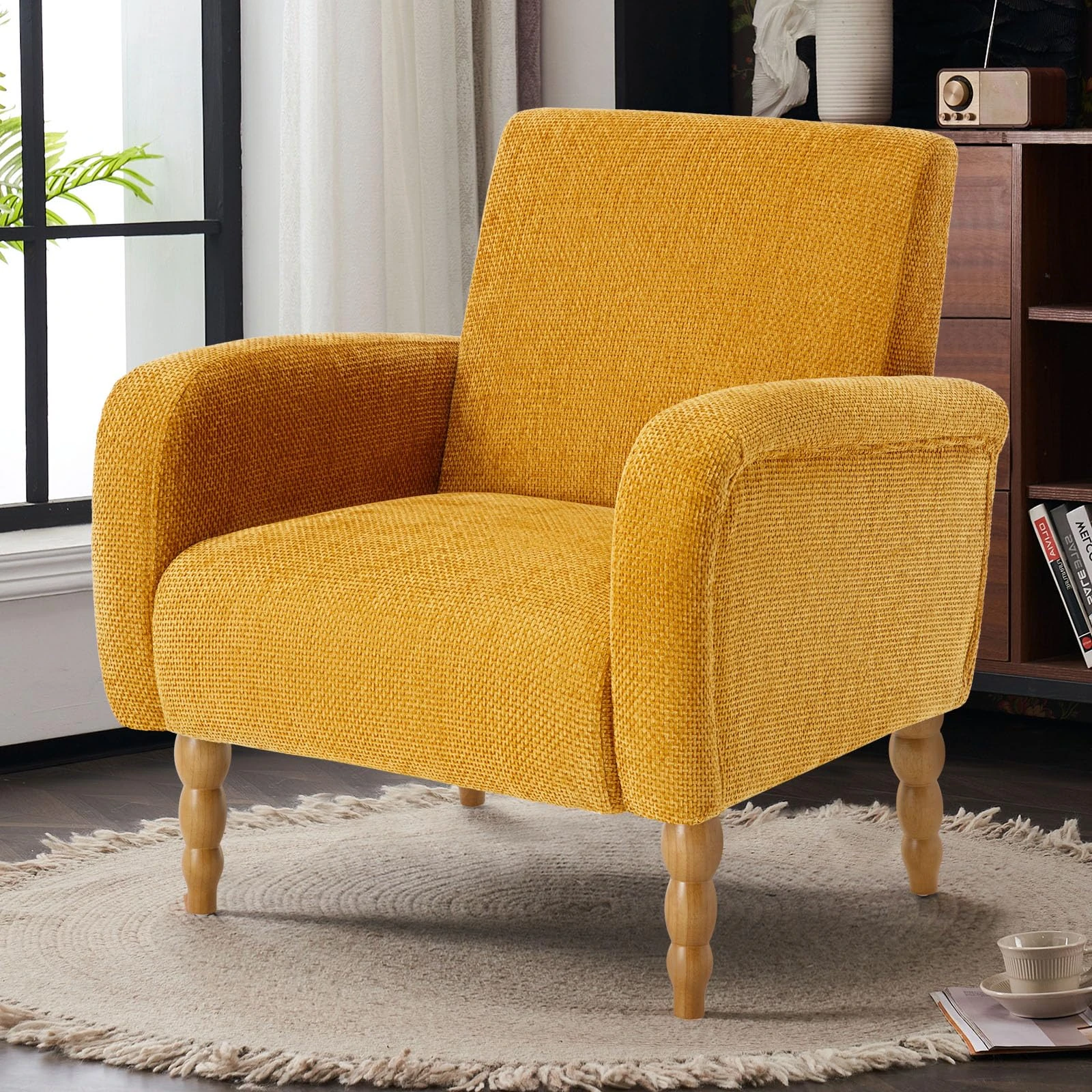 Chenille Fabric Armchair Upholstered Accent Chair with Solid Wood Legs, Modern Living Room Tub Chairs, Comfy Single Sofa Reading Club for Bedroom Reception Lounge (Velvet Yellow)