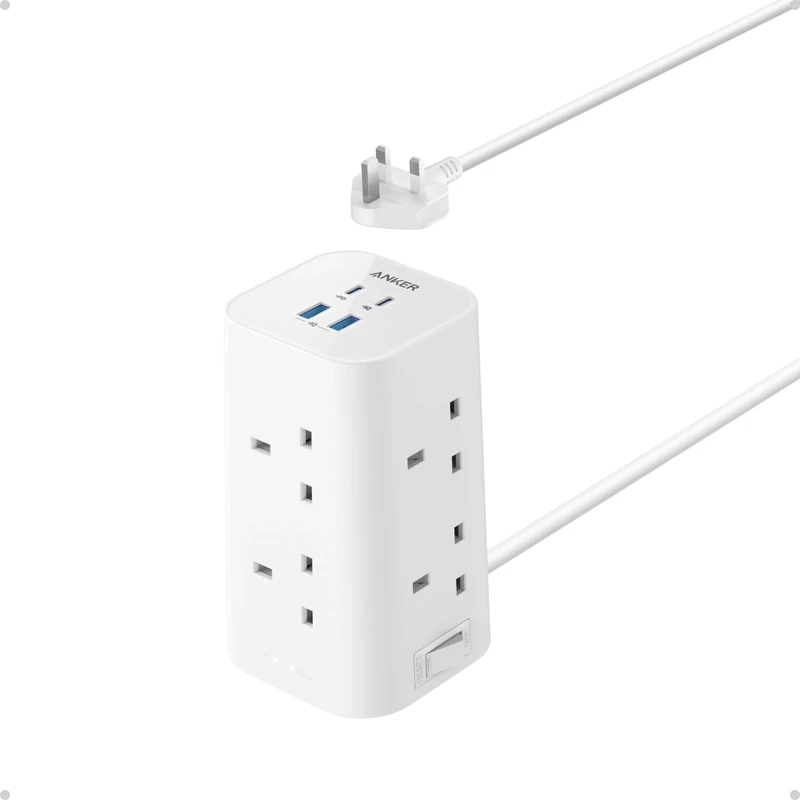 Anker Tower Extension Lead with USB Slots, 12-in-1 Surge Protector Plug Extension Socket with Switch (13A, 2990W), 20W USB C Fast Charging Power Strip, 8 AC Outlets, 4 USB Ports, 2m Extension Cable