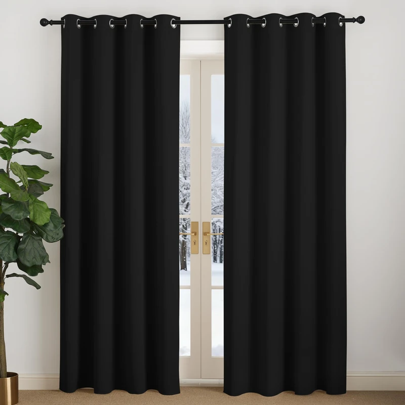 NICETOWN Black Curtains, Opaque Curtains, 220 cm Long, Cold Protection Curtain, Blackout Curtain, Eyelets Curtain, Living Room, Modern Over Curtains, Eyelet Curtains, Set of 2, H 220 x W 140 cm