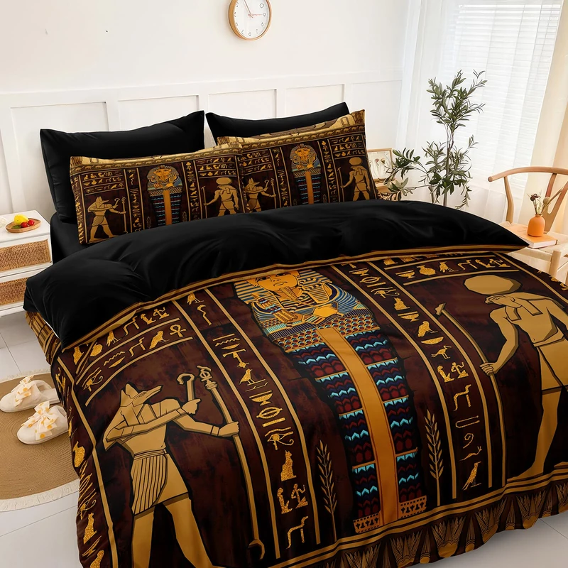 Ancient Egypt Comforter Set Black Gold Bedding Set Pharaoh Tribal Retro Comforter Egypt Cultural Theme Bedroom Decor Boho Exotic Vintage Bedding Queen Bed in A Bag