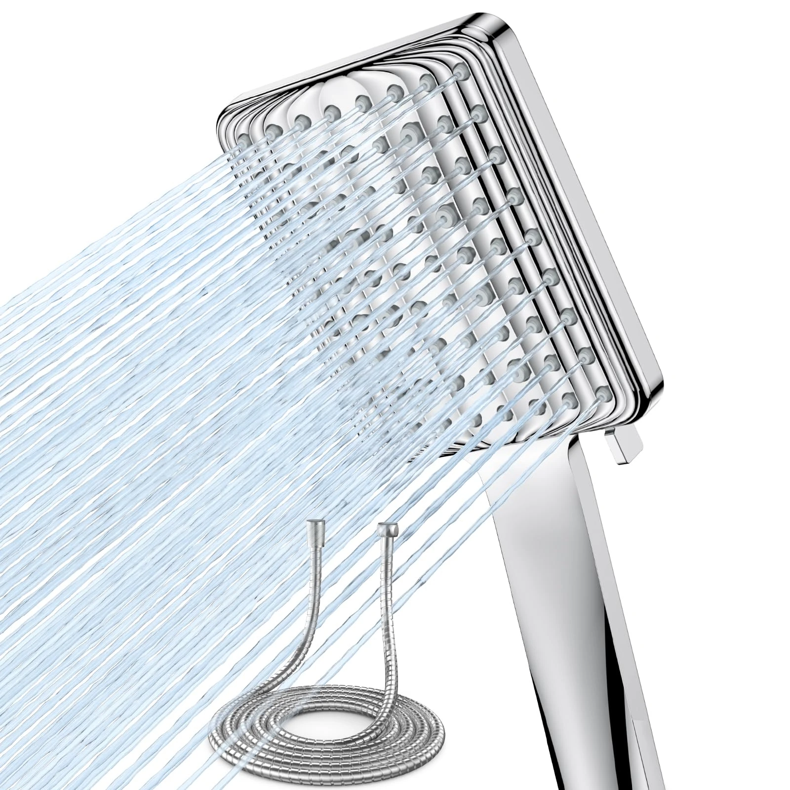 VOXON Shower Head and Hose Set, High Pressure Shower Heads with 6 Spray Modes, Power Water Saving ShowerHead, Square Shower Head, Handheld Large Rain Shower Heads for Electric Shower, Silver