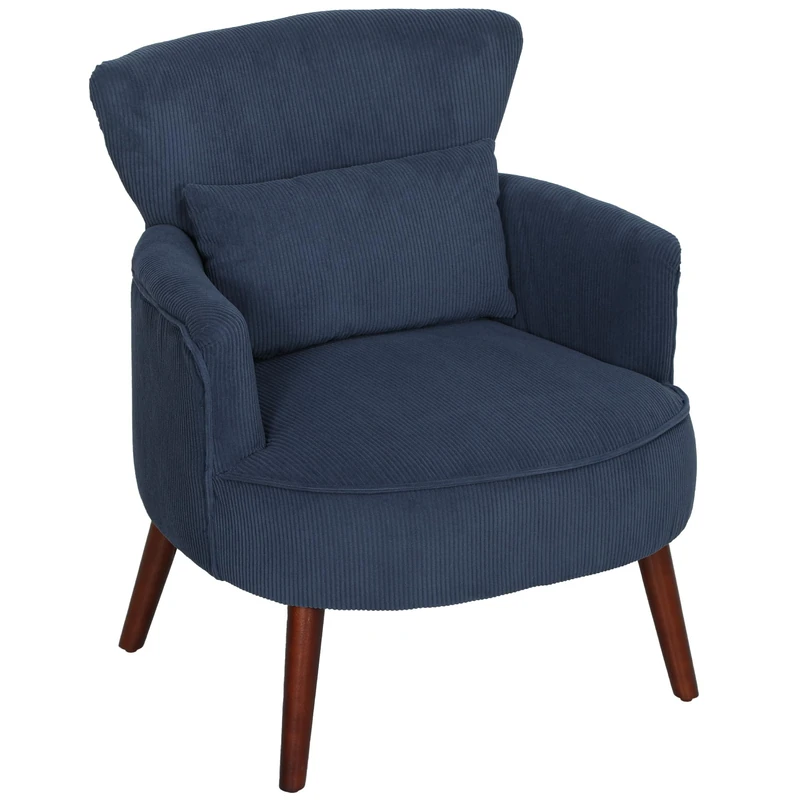 HOMCOM Modern Armchair, Upholstered Corduroy Accent Chair with Thick Padded Seat, Lumbar Pillow, Rubber Wood Legs, Cuddle Chair for Living Room Bedroom Office, Blue - Image 1