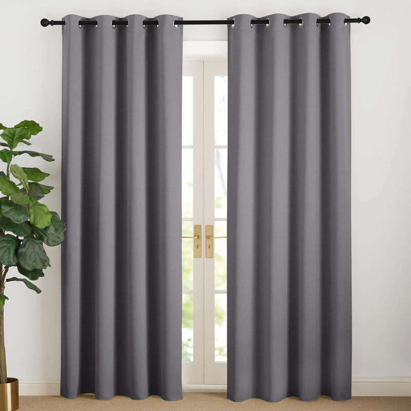NICETOWN Grey Opaque Thermal Curtain Cold Protection Set of 2 H 220 x W 140 cm Long Blackout Curtain with Eyelets for Living Room/Bedroom
