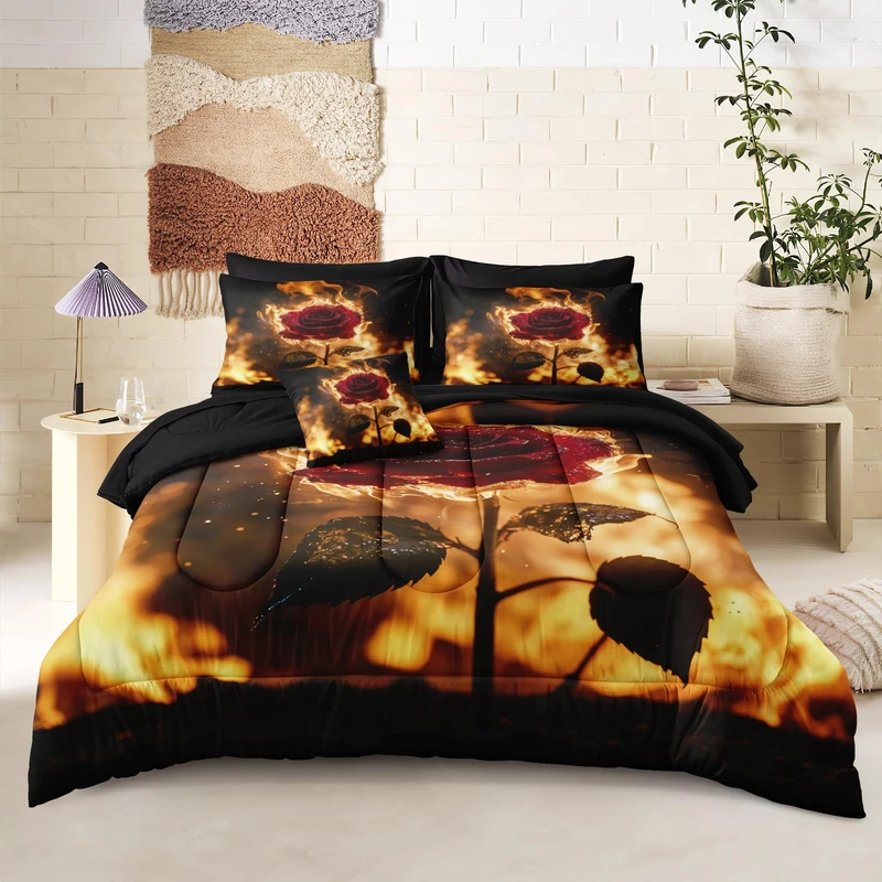 Chumerry Black Red Comforter Set Fire Rose Romantic Bedding Set Red Rose Flower Floral Orange Flame Bedding Love Couple Comforter Black King Bed in A Bag