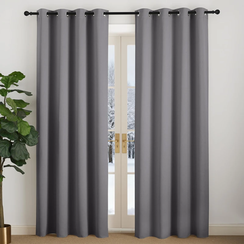 NICETOWN Thermal Curtain Cold Protection Window Curtains Grey Opaque Set of 2 H 200 x W 140 cm Blackout Curtain with Eyelets 200 cm Long for Living Room Modern Eyelet Curtain