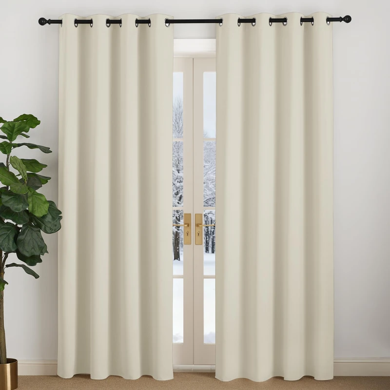 NICETOWN Beige Opaque Curtain Insulating Cold Protection Set of 2 Light Beige H200 x W 140 cm Curtains 200 cm Long Blackout Curtain with Eyelets Modern Curtains Door for Living Room