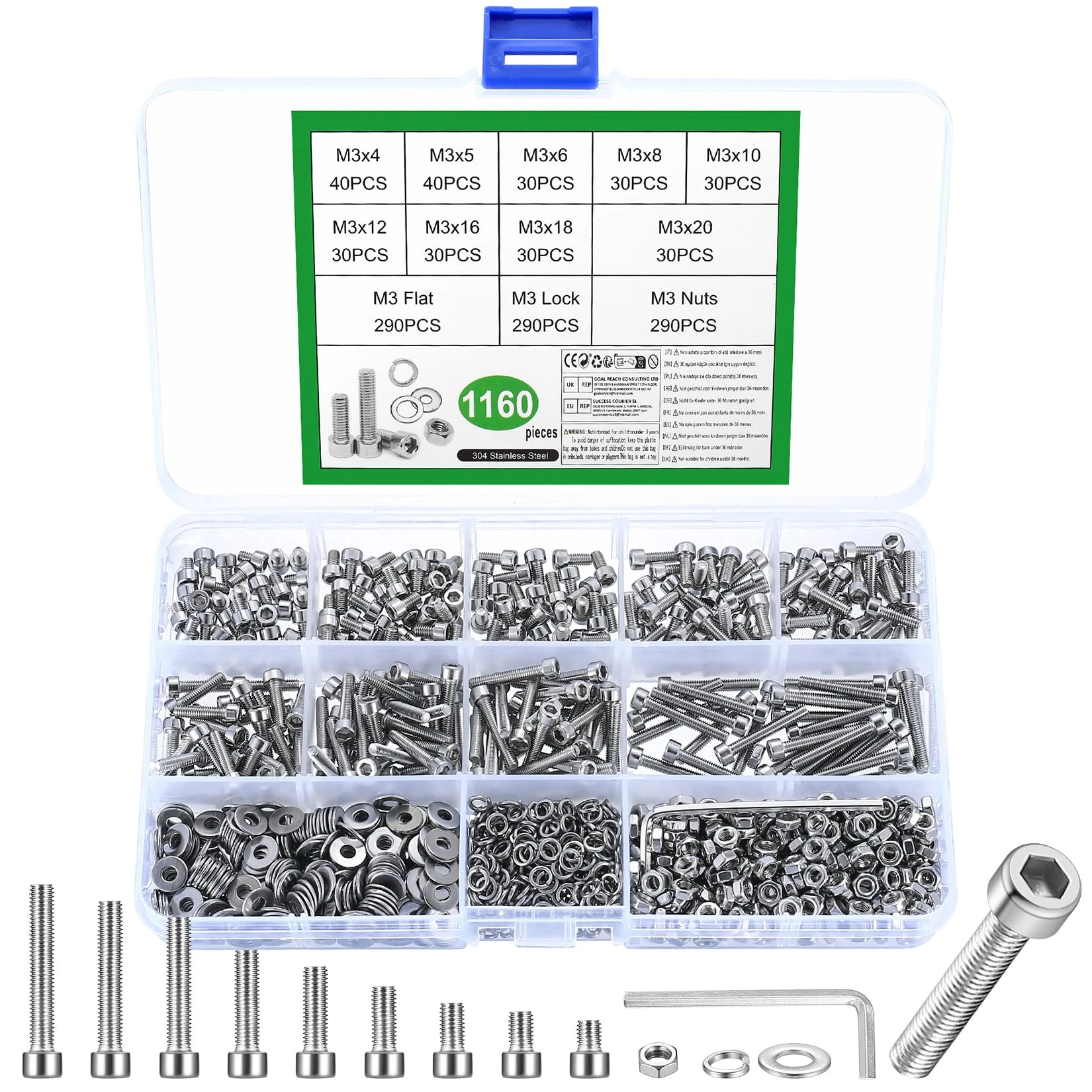1160 Pcs M3 Nuts and Bolts Set, Hex Socket Head Cap Screws Bolts and Nuts Set, Stainless Steel Machine Screws Bolts Set, Assorted Nuts and Bolts with Lock & Flat Washers Assortment for DIY Repair