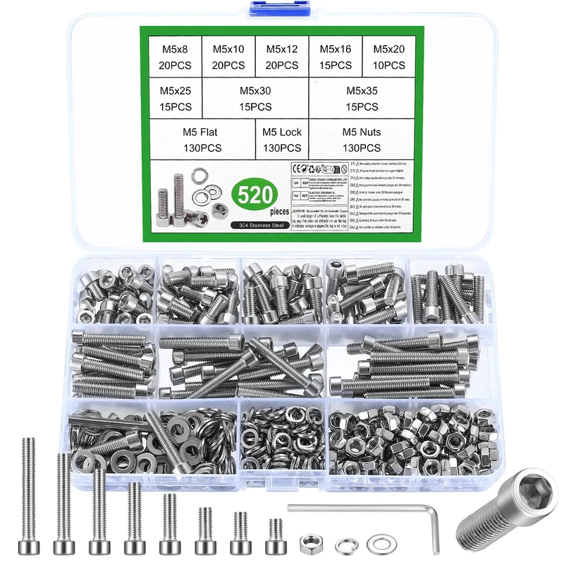 520 Pcs M5 Nuts and Bolts Set, Hex Socket Head Cap Screws Bolts and Nuts Set, Stainless Steel Machine Screws Bolts Set, Assorted Nuts and Bolts with Lock & Flat Washers Assortment for DIY Repair