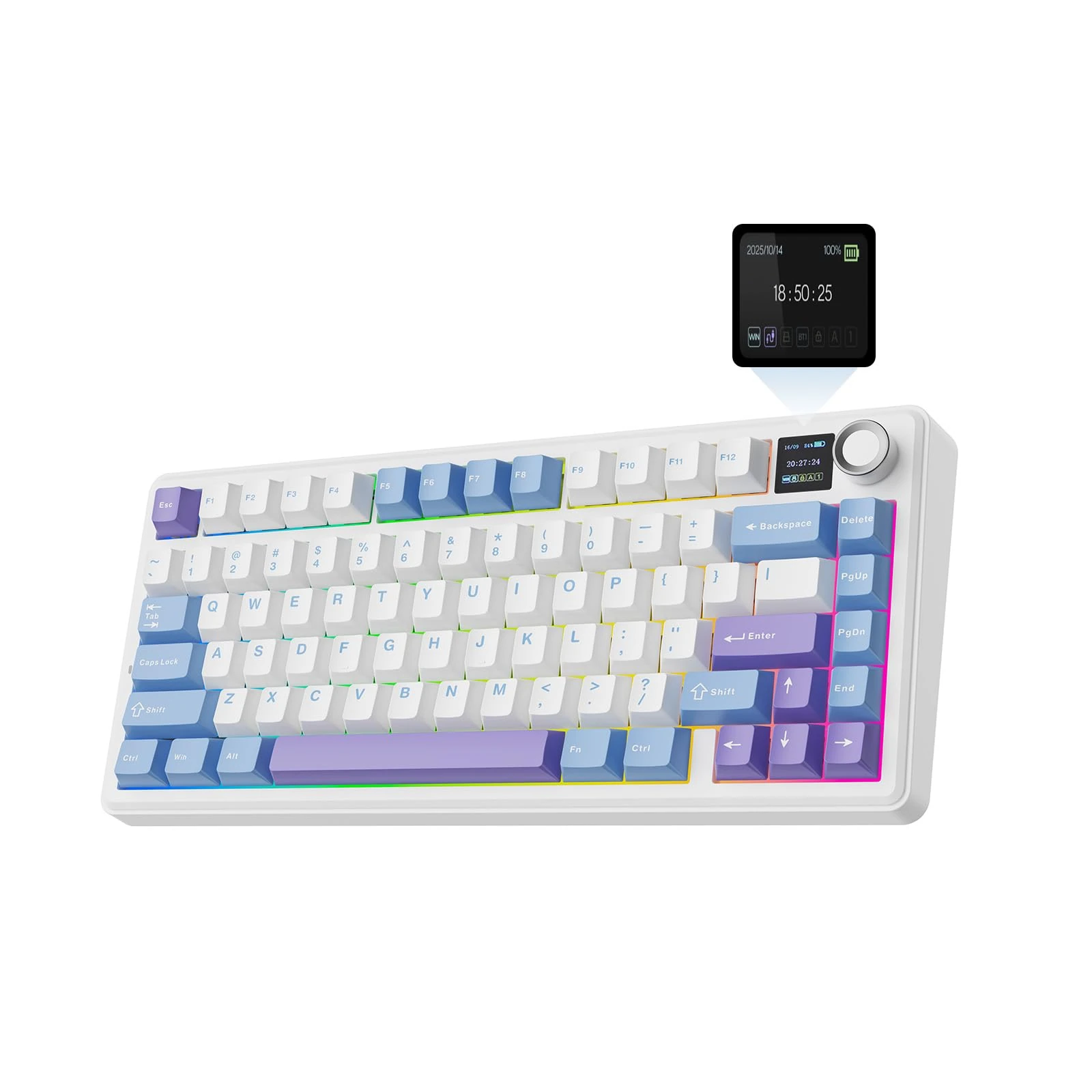 EPOMAKER X Aula F75 MAX Tri-Mode Wireless Gaming Keyboard, TFT Screen, Knob, Hot Swappable, 2.4GHz/Type-C/BT5.0, Gasket Creamy, for PC/Mac/Office/Gaming (White Purple, Reaper Switch)