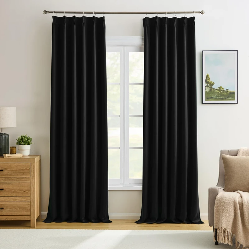 KEQIAOSUOCAI Black Curtains Blackout 102 Inches Long, Luxury Faux Silk Polyester Pinch Pleated Thermal Insulated Black Out Curtains with Hooks for Bedroom Living Room Home Office 40 x 102