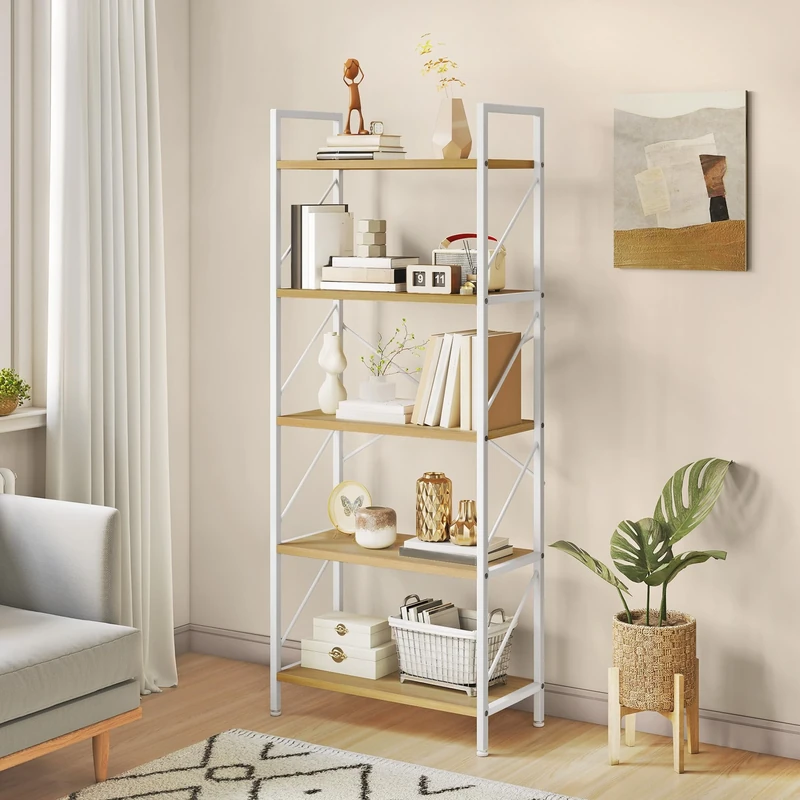 YITAHOME Bookshelf, 5 Tiers Bookcase Tall Book shelf with Metal Frame, Industrial Display Storage Rack, Shelving Units for Living Room Bedroom Home Office Kitchen, White and Oak Book Shelves