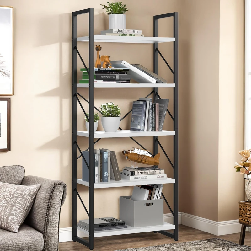 YITAHOME Bookshelf, 5 Tiers Bookcase Tall Book shelf with Metal Frame, Industrial Display Storage Rack, Shelving Units for Living Room Bedroom Home Office Kitchen, White Book Shelves