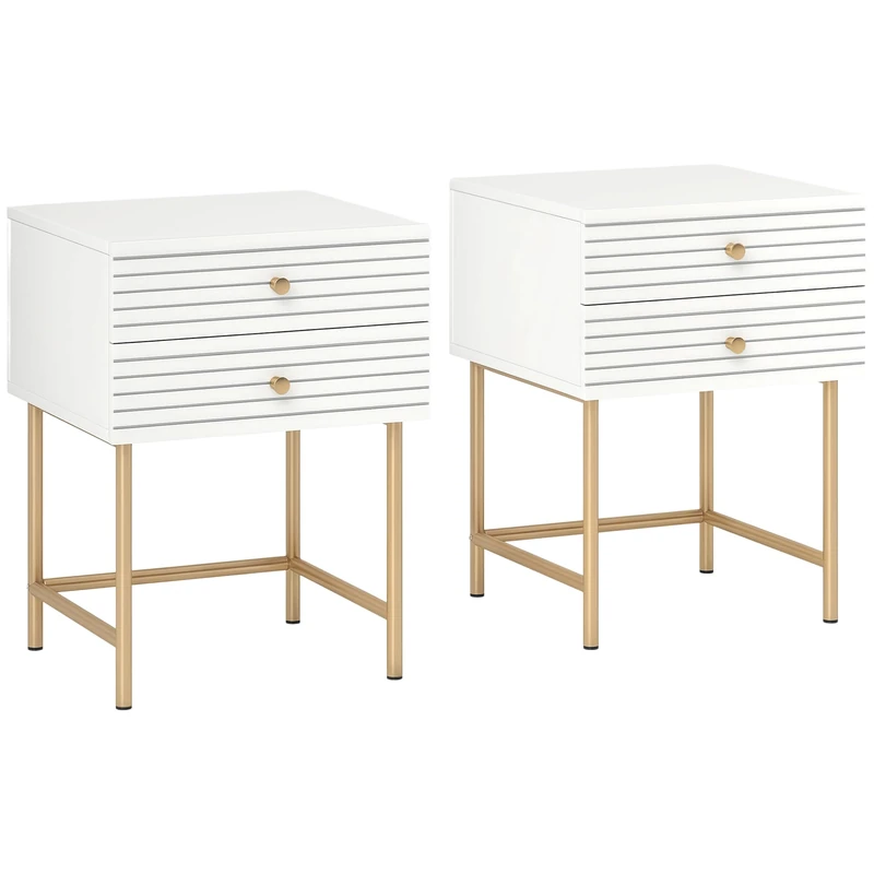 HOMCOM Bedside Tables Set of 2, Bedside Cabinet with 2 Drawers, Gold Steel Legs, Modern Side Table with Striped Panel for Bedroom, Living Room, White - Image 1